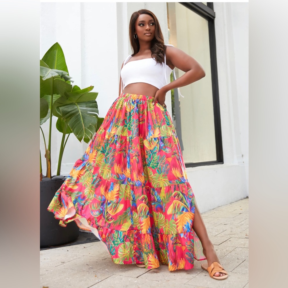 REBDOLLS ISLA TROPICAL PRINT TIERED MAXI SKATER SKIRT 1XL